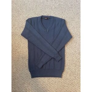 Vintage Raymond's Knitwear V-Neck Pattern Navy Wool Sweater Mens Size Medium